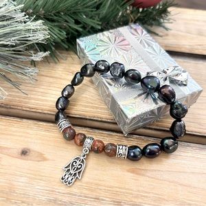 Handcrafted Natural Picasso Imperial Jasper & Freshwater Pearl Stretch Bracelet
